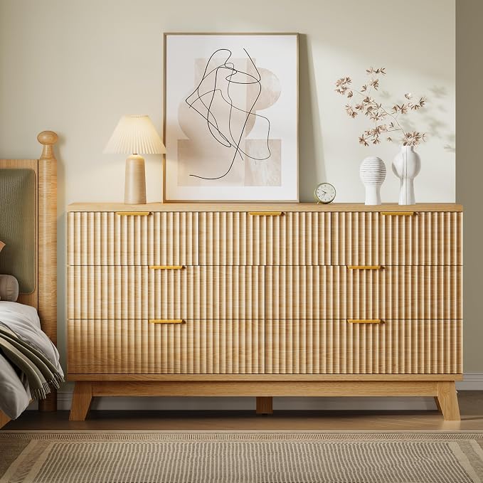 BORNOON 57" Long Dresser for Bedroom, 7-Drawer Fluted Chest, Wide Wood Storage Dresser with Metal Slides and Handles, Stable Base, Modern Clothes Organizer for Primary Suite, Guest Room, Nursery