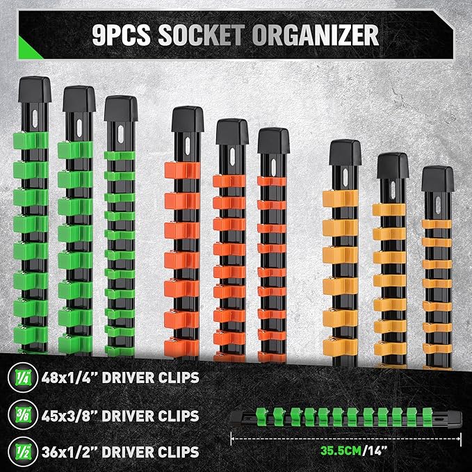 SWANLAKE Organizer Socket Holder, 9PCS 1/4-Inch x 48 Clips, 3/8-Inch x 45 Clips, 1/2-Inch x 36 Clips, Premium Quality Socket Clip Rail Holder