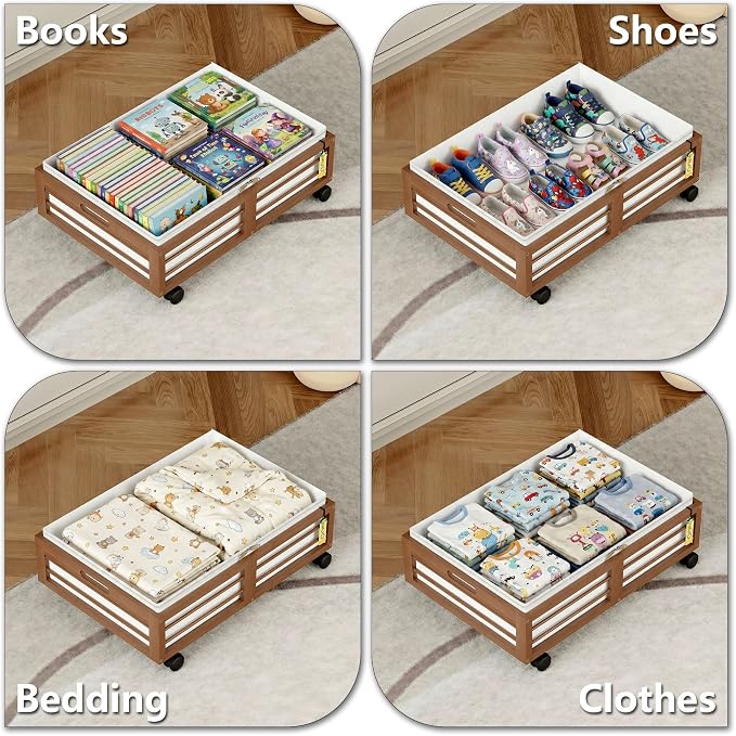 Under Bed Storage Containers with Wheels, Larger Bamboo Wood Under Furniture Storage Containers with Dust Bags，Rolling for Shoes Clothes