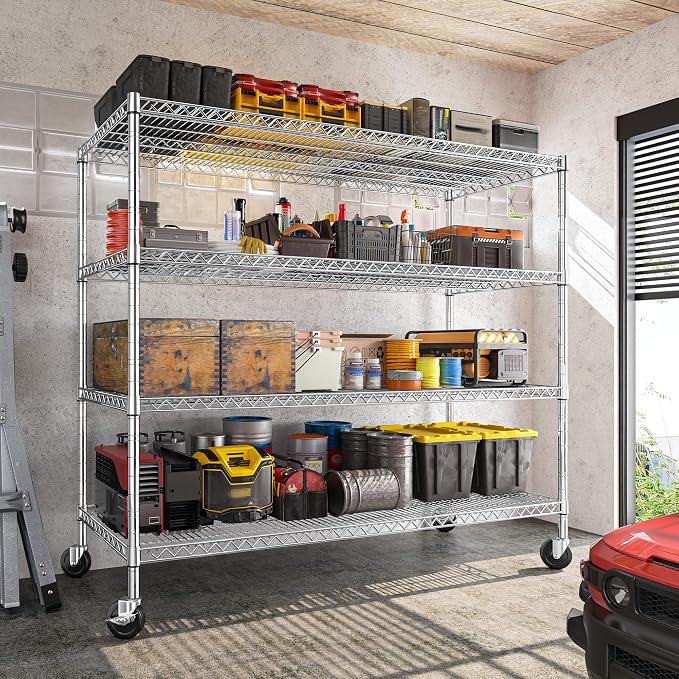 75.6" H Storage Shelves 2500LBS Garage Shelving Unit with Wheels Metal Shelving Heavy Duty Wire Shelves for Storage Rack Adjustable Pantry Shelf Commercial Shelving for Kitchen Garage,55.5''W X 24" D