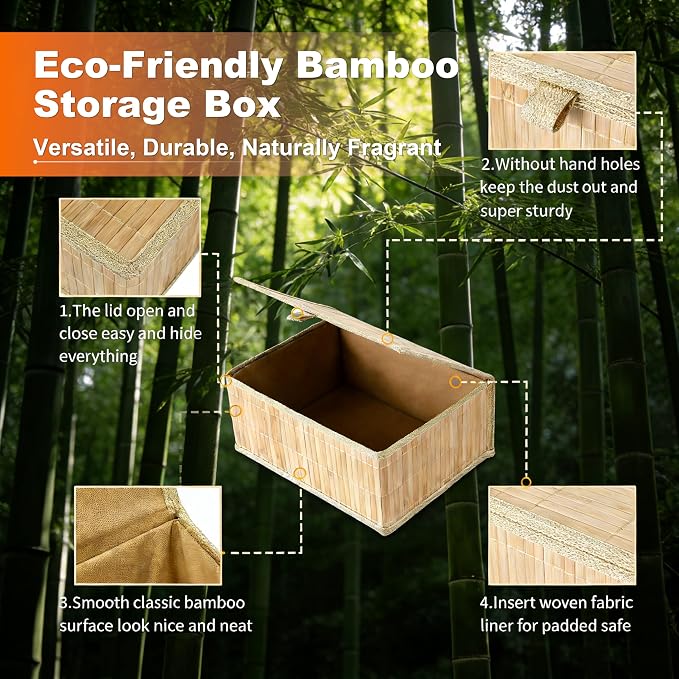 3 Pack Bamboo Decorative Shelf Basket,Woven Storage Boxes with Lined，Nesting Lidded Box with Lids for Toys,Cosmetics,Office,sundries,Closet,natural & eco-friendly bamboo storage organizers