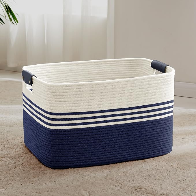 72L Large Woven Laundry Basket Hamper with Leather Handles,Navy | 22"x17"x12", collapsible wicker hamper, storage for dirty clothes, toys, blankets, gifts, living room, bedroom, bathroom