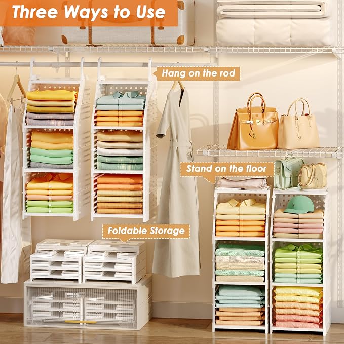 Honkazita 3-Tier Foldable Hanging Closet Organizer, Free-Standing | Closet Hanging Organizer for Wardrobe, Laundry Room, Plastic Hanging Closet Shelves for Clothes, Handbags, Accessories (White)