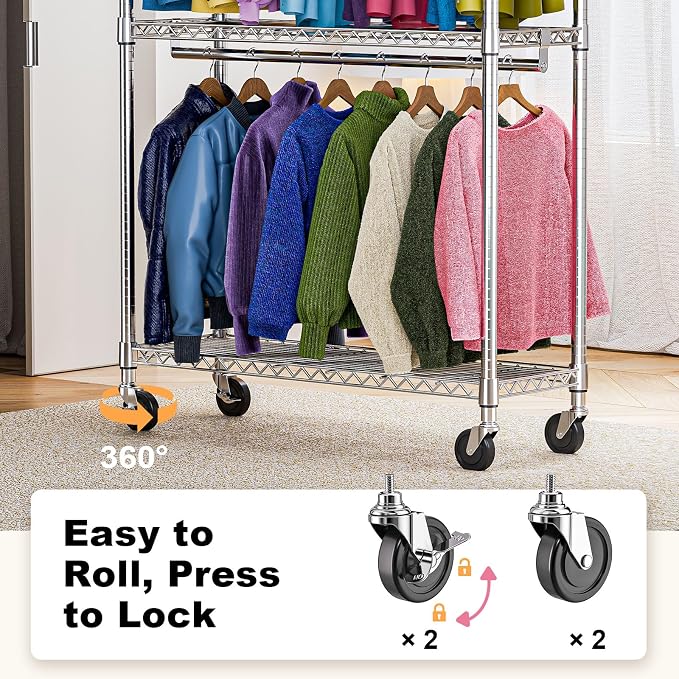 M MZG Heavy Duty Rolling Garment Rack 3 Tiers Adjustable Wire Shelving Clothes Rack with 2 Rods and Side Hooks,Storage Closet Clothing Rack with Wheels Chrome 15.7" D x 45.3" W x 79.6" H