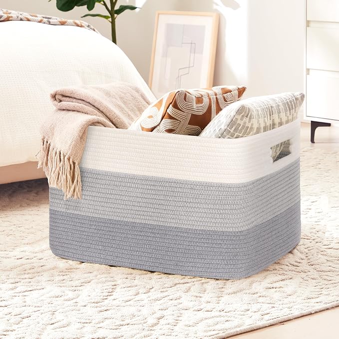 60L Woven Laundry Basket Hamper with Handles, Gradient Grey | 21"x15"x11", collapsible wicker hamper, storage for dirty clothes, toys, blankets, gifts, living room, bedroom, bathroom