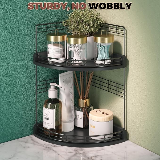 Bathroom Countertop Corner Organizer for Small Spaces, 2-Tier Counter Shelf | Oak Wood & Iron, Fan-Shaped Counter Shelf for Sink & Vanity Corners, Skincare, Toiletries, Compact Vertical Storage, Black