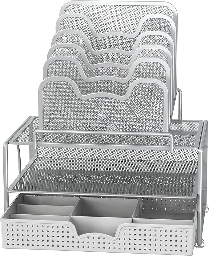 Simple Houseware Mesh Desk Organizer with Sliding Drawer, Double Tray and 5 Stacking Sorter Sections, Silver