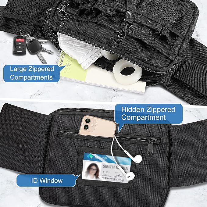 SITHON Nurse Fanny Pack with Tape Holder, Multi Compartment Medical Gear Pocket Nursing Organizer Belt Bag, Apron Hip Bag Utility Waist Pack for Stethoscopes Bandage Scissors Medical Supplies (Black)