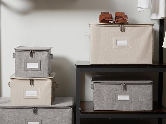 Covermates Keepsakes Zip-Top Storage Box Set, 3 Pack Heavy Duty Polyester Organizer Bins, Stackable Design, ID Window, Reinforced Handles, Closet Home Storage, Grey Heather
