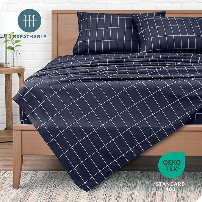 Bare Home Twin XL Sheet Set - College Dorm Size - Luxury 1800 Ultra- Soft Double Brushed Microfiber - Deep Pockets - Easy Fit - 3 Piece Bedding Sheet Set (Twin XL, Grid - Midnight/White)