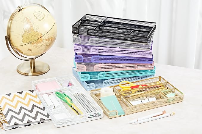 Annova Desk Drawer Organizer Tray for Office Organization - Metal Mesh - Storage Tray with Dividers for Pens, Desktop Accessories, Bathroom, Kitchen, Makeup and Office Supplies (Small, Silver)