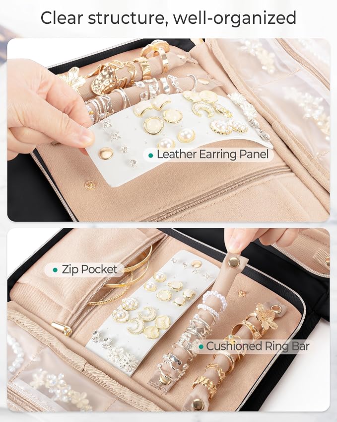 Marscamd Travel Jewelry Case Organizer, Foldable Jewelry Bag, Black | with Zipper Jewelry Bag for Earrings, Rings, Necklaces, Bracelets, Brooches