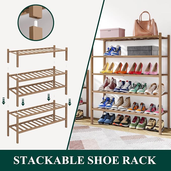Smiry Bamboo Shoe Rack, 5 Tier Free Standing Wooden Shoe Organizer, Stackable Wood Shoe Storage Shelf for Closet, Entryway, 14 Vertical Slats, 2+2+1 Stack Heavy-Duty Legs, 26.8"x11"x32.5", Walnut