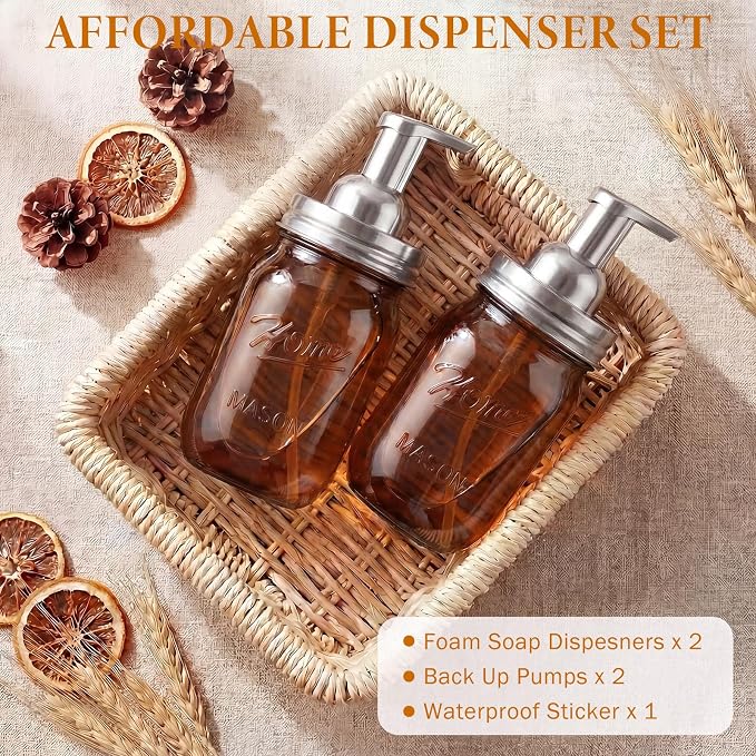 Amolliar Plastic Mason Jar Foaming Soap Dispenser Pump Lid, 16oz Foam Soap Dispenser with Cute Lables - Amber Refillable Hand Soap Dispenser for Bathroom Kitchen Shower (2 Pack, Silver)