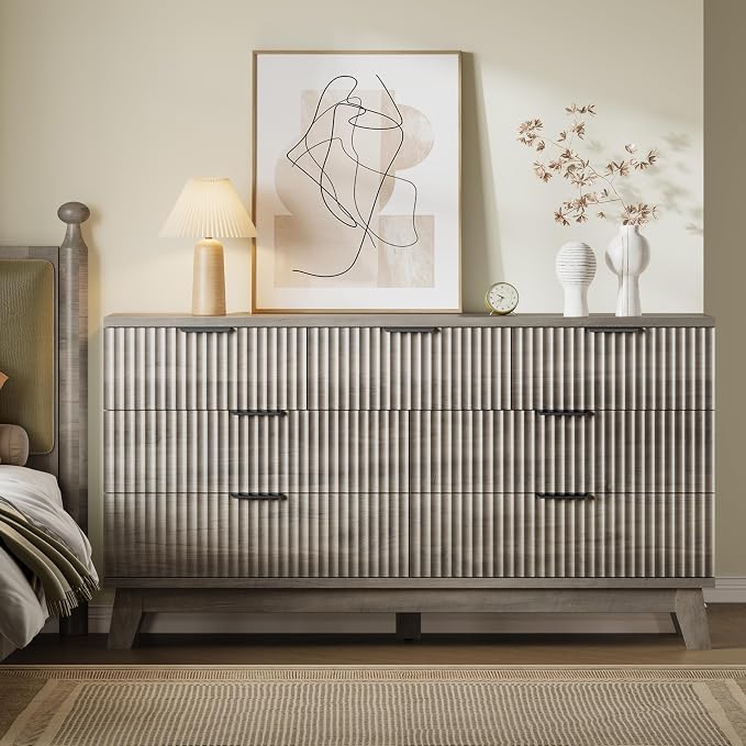 BORNOON 57" Long Dresser for Bedroom, 7-Drawer Fluted Chest, Wide Wood Storage Dresser with Metal Slides and Handles, Stable Base, Modern Clothes Organizer for Primary Suite, Guest Room, Nursery