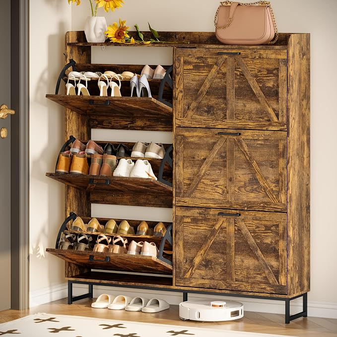 Wodeer Shoe Cabinet Storage for Entryway, Shoe Storage Cabinet with 6 Flip Drawers, Freestanding Narrow Shoe Rack Organizer with Metal Legs, Adjustable Shelves & Open Storage for Foyer, Hallway, Brown