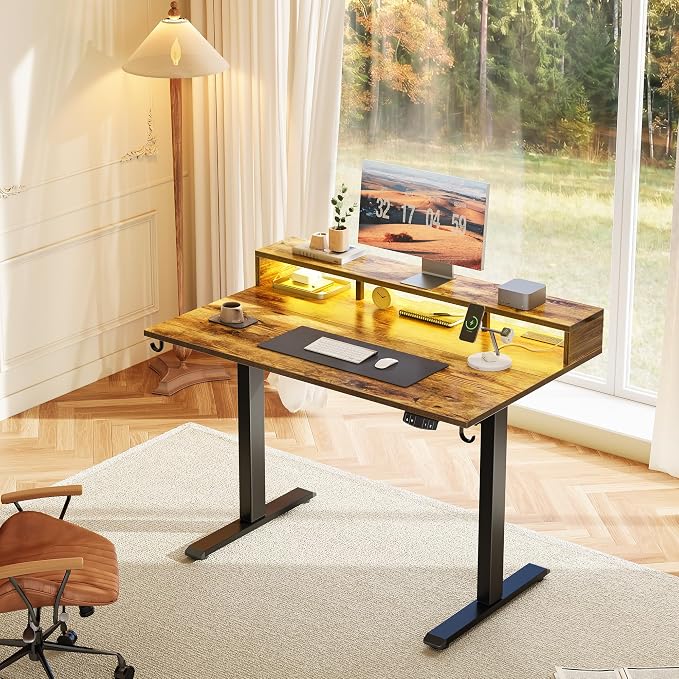 Klicelor Electric Standing Desk with Shelf, 48 Inch Height Adjustable Desk with Power Outlets & LED, Sit Stand Up Table with Monitor Stand, Computer Workstation for Home Office, Rustic Brown