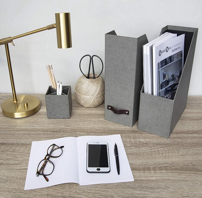 Bigso Box of Sweden Estelle Canvas Fiberboard Upright Magazine Storage Box Organizer for Papers & Catalogs w/Leather Handle | Magazine File Holder for Office Desks | 12.6" x 4.5" x 9.8" | Gray