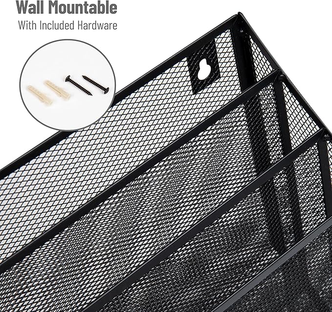 Mind Reader Vertical File Storage, Desktop Organizer, Wall Mount, Office, Metal Mesh, 12.5" L x 3.75" W x 11.5" H, Black (Pack of 4)