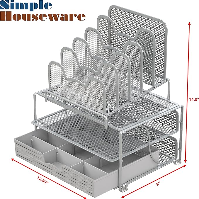 Simple Houseware Mesh Desk Organizer with Sliding Drawer, Double Tray and 5 Stacking Sorter Sections, Silver