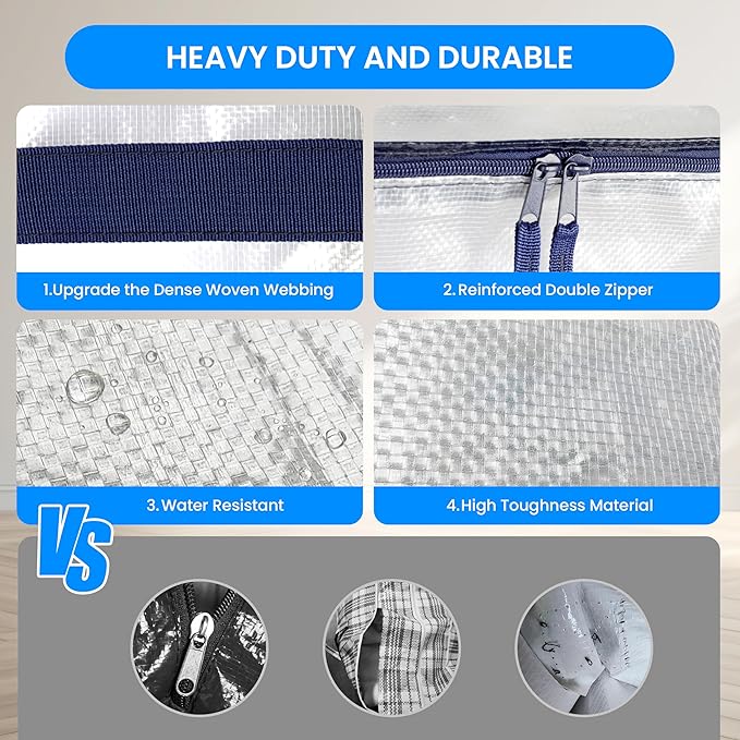 Simple Deluxe 4 Pack Extra Large Moving Bags with Lids, Reinforced Handles and Zippers, Heavy Duty Storage Tote for Moving Travel Camping Space Saving, White