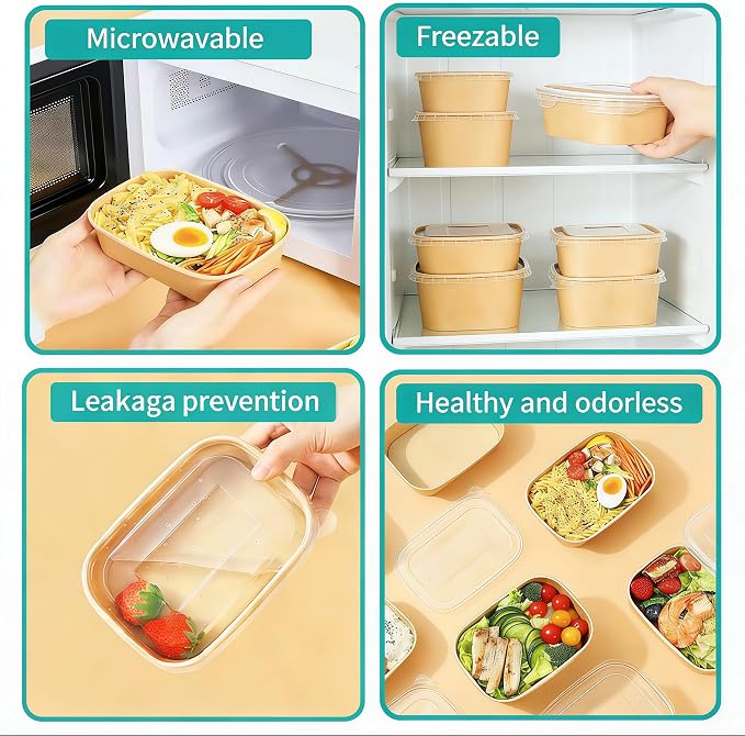 55Pcs 25.3oz Disposable Paper Bowls with Lids Meal Prep Containers | Disposable Kraft Paper Containers, Leak-Proof Microwave & Freezer Safe, for Takeout, Meal Prep, Lunch, Party