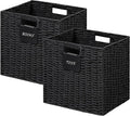 UBBCARE 2 Pack Wicker Basket, 10.5×10.5 Storage Cubes with Label, Foldable Cube Storage Bin with Handle, Square Storage Basket for Shelves, Woven Paper Rope Basket for Organizing, Black