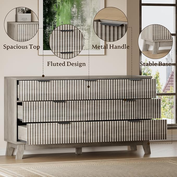 BORNOON 57" Long Dresser for Bedroom, 7-Drawer Fluted Chest, Wide Wood Storage Dresser with Metal Slides and Handles, Stable Base, Modern Clothes Organizer for Primary Suite, Guest Room, Nursery