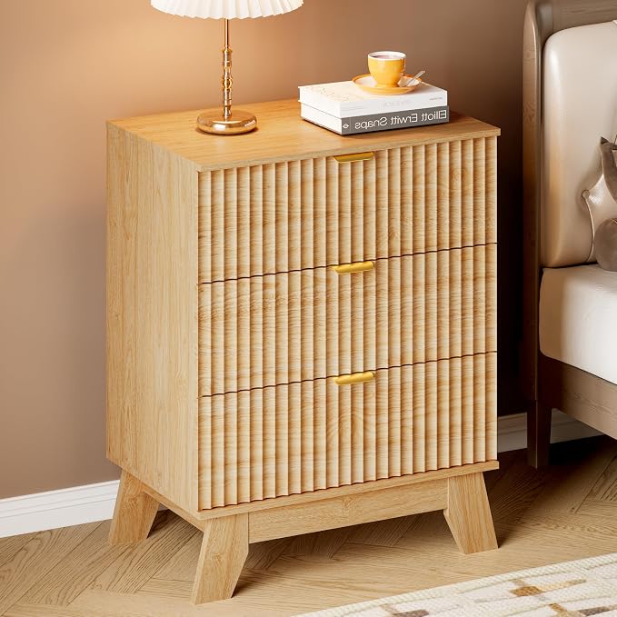 BORNOON Fluted 3 Drawer Dresser, 30.3" Tall Compact Modern Boho Chest of Drawers, Wooden Storage Cabinet for Bedroom, Living Room, Entryway, Curved Profile Design