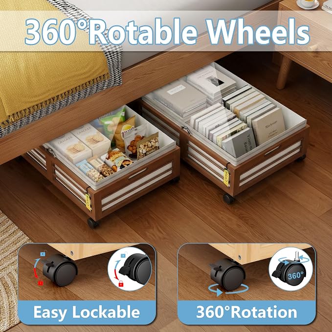 Under Bed Storage Containers with Wheels, Larger Bamboo Wood Under Furniture Storage Containers with Dust Bags，Rolling for Shoes Clothes