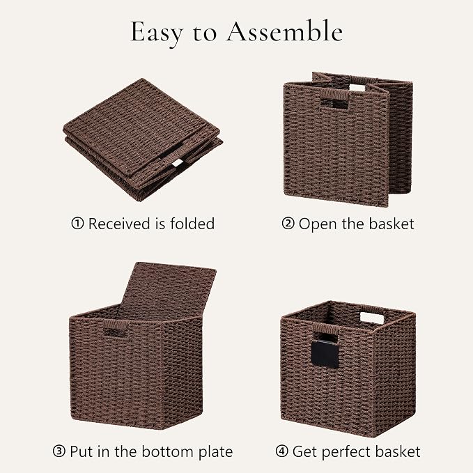 UBBCARE 2 Pack Wicker Basket, 13×13 Storage Cubes with Label, Foldable Cube Storage Bin with Handle, Square Storage Basket for Shelves, Woven Paper Rope Basket for Organizing, Brown