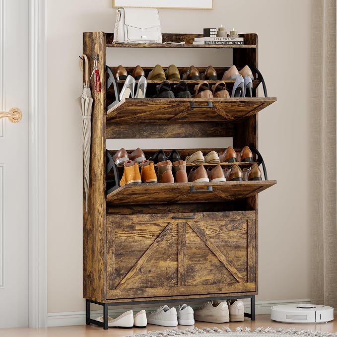 Wodeer Shoe Cabinet Storage for Entryway, Shoe Storage Cabinet with 3 Flip Drawers, Freestanding Narrow Shoe Rack Organizer with Metal Legs & Side Hook for Foyer, Hallway, Brown