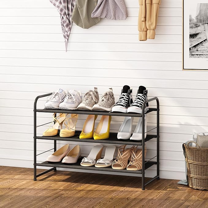 Simple Trending 3 Tier Stackable Shoe Rack, Expandable Adjustable Fabric Shoe Shelf Storage Organizer, Black