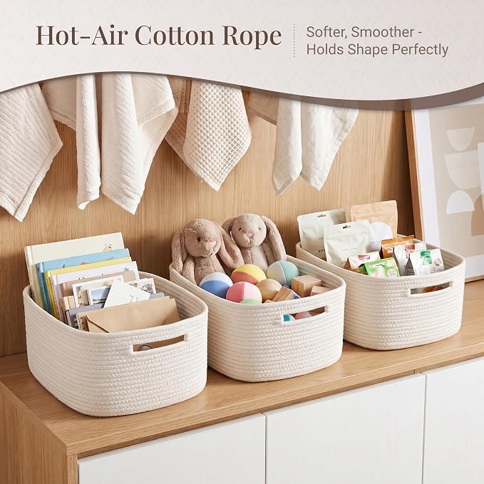5-Pack Large Woven Rope Storage Baskets, 2 Sizes Organizer Bins | Fabric Cube Boxes and Rectangular Shallow Bins for Closet, Shelf, Bookshelf, Nursery, Changing Table, Bathroom, Toys & Home