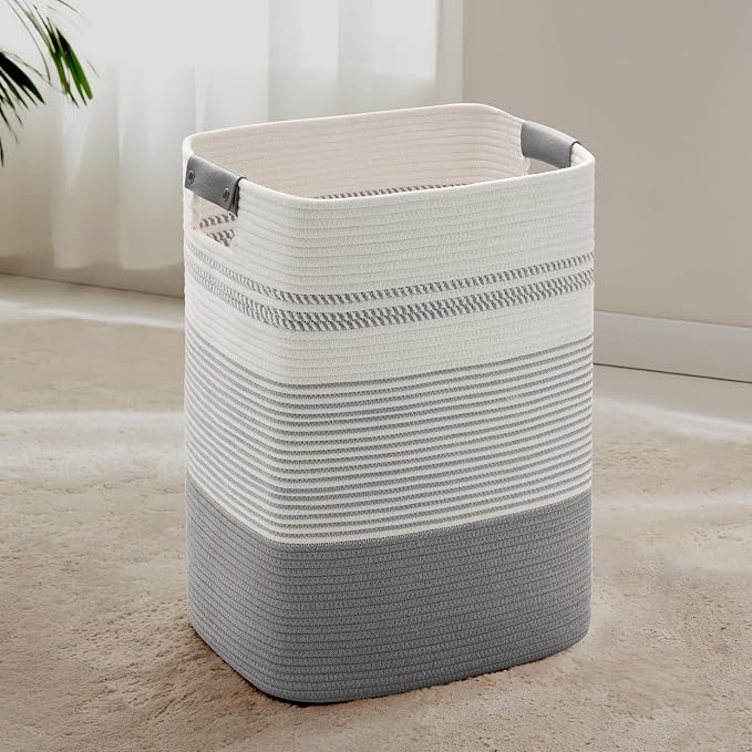 75L Tall Woven Laundry Basket Hamper with Leather Handles,Grey | 16"x13"x22", collapsible wicker hamper, storage for dirty clothes, toys, blankets, gifts, living room, bedroom, bathroom