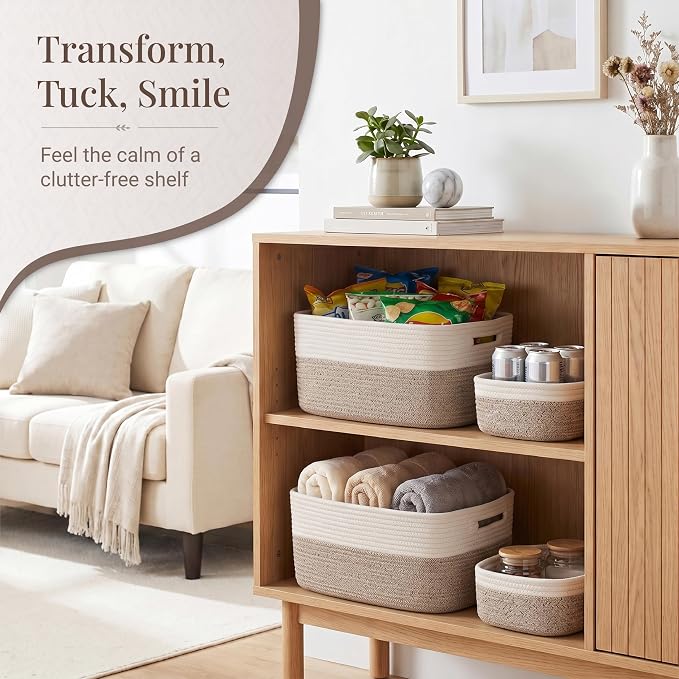 4-Pack Large Woven Rope Storage Baskets, 2 Sizes Organizer Bins | Fabric Cube Boxes and Rectangular Shallow Bins for Closet, Shelf, Bookshelf, Nursery, Changing Table, Bathroom, Toys & Home