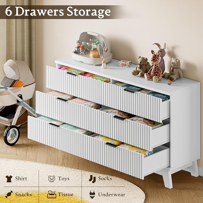 BORNOON 53" Long Dresser for Bedroom, 6-Drawer Dresser with Fluted Fronts, Wide Wood Chest of Drawers, Smooth Metal Slides, Stable Base, Modern Clothes Storage Cabinet for Living Room, Hallway