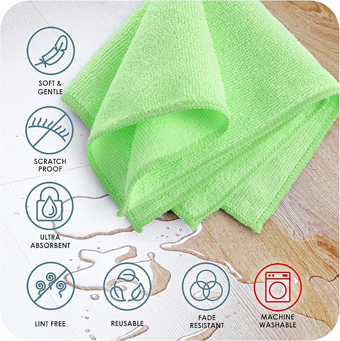 Hearth & Harbor 12 Pack Microfiber Washcloths, Green, 12"x12", Lint Free, Scratch Free, Reusable