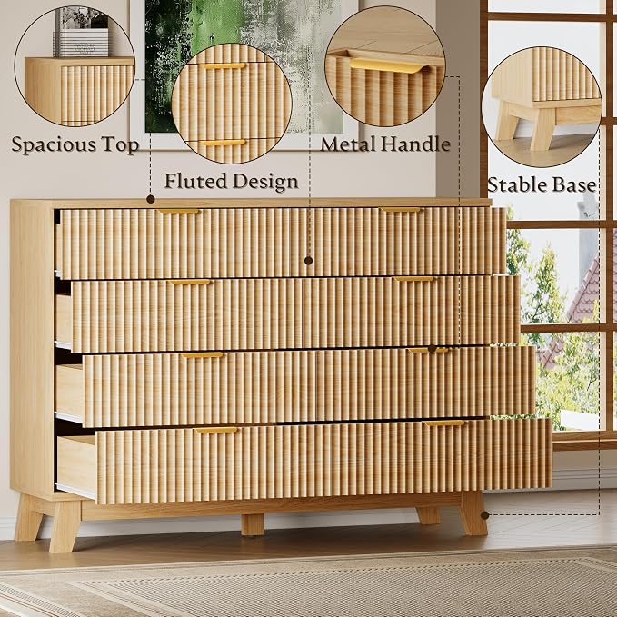 BORNOON Fluted 8 Drawer Tall Dresser, 47.2" Wide Modern Boho Chest of Drawers, Wooden Storage Dresser TV Stand for Bedroom, Living Room, Closet, Hallway, Curved Profile Design