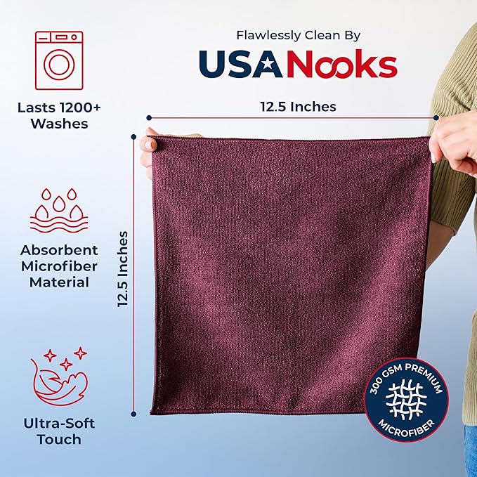 USANOOKS Premium 300GSM Microfiber Cleaning Cloth - 12.5"x12.5" High Performance - 1200 Washes, Ultra Absorbent Microfiber Towels for Cars Undercarriage, Rims & Engine Bay Cleaning - Microfiber Cloth