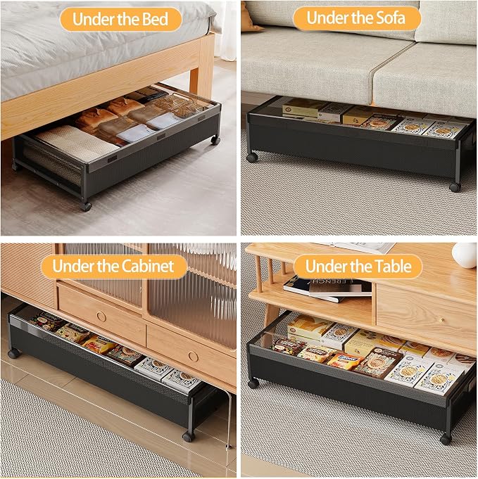 KITHELP Under Bed Storage with Wheels,2 Pack Under Bed Shoe Storage, Under the Bed Storage Drawers with Remove Window, Extra Large Rolling Under Bed Storage Metal Drawer for Clothes (Black-2 pack)