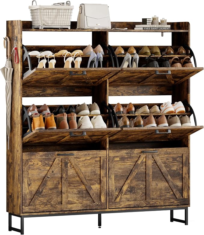 Wodeer Shoe Cabinet Storage for Entryway, Shoe Storage Cabinet with 6 Flip Drawers, Freestanding Narrow Shoe Rack Organizer with Metal Legs, Adjustable Shelves & Open Storage for Foyer, Hallway, Brown