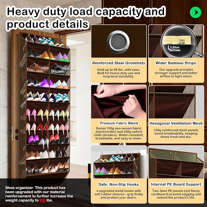 Kotkn 10-Tier Over the Door Shoe Organizer, 20 Pockets Holds 20-30 Pairs, Heavy-Duty Oxford Fabric with Hexagon Mesh for Boots & Sneakers-Coffee Brown