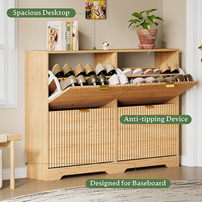 Xixini Shoe Storage Cabinet for Entryway with 4 Flip Drawers, Hidden Slim Wood Shoe Organizer with Modern Fluted Panel, Freestanding Narrow Shoe Rack for Front Door Entrance, Hallway, Foyer, Oak