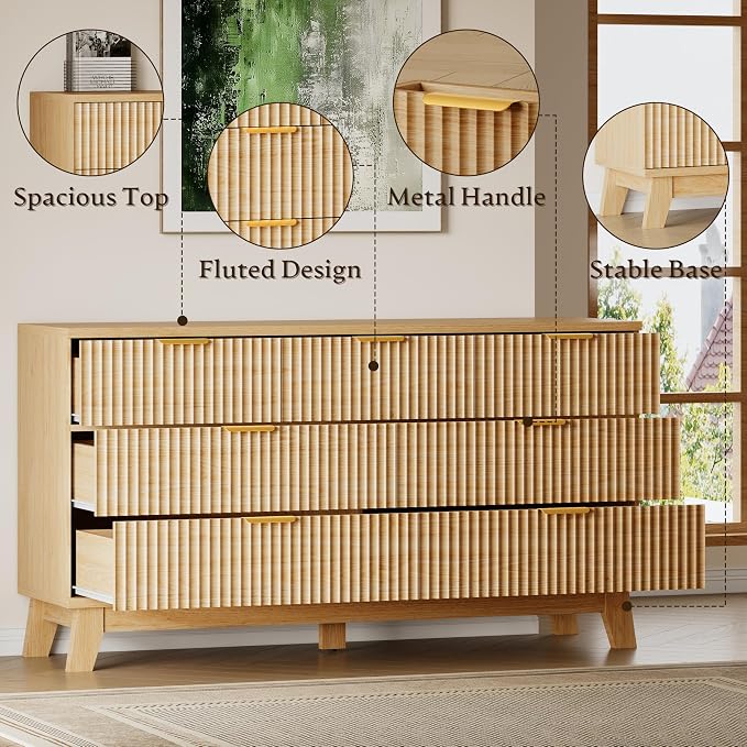 BORNOON Fluted 7 Drawer Dresser, 47.2" Wide Modern Boho Chest of Drawers, Wooden Storage Dresser TV Stand for Bedroom, Living Room, Closet, Hallway, Curved Profile Design