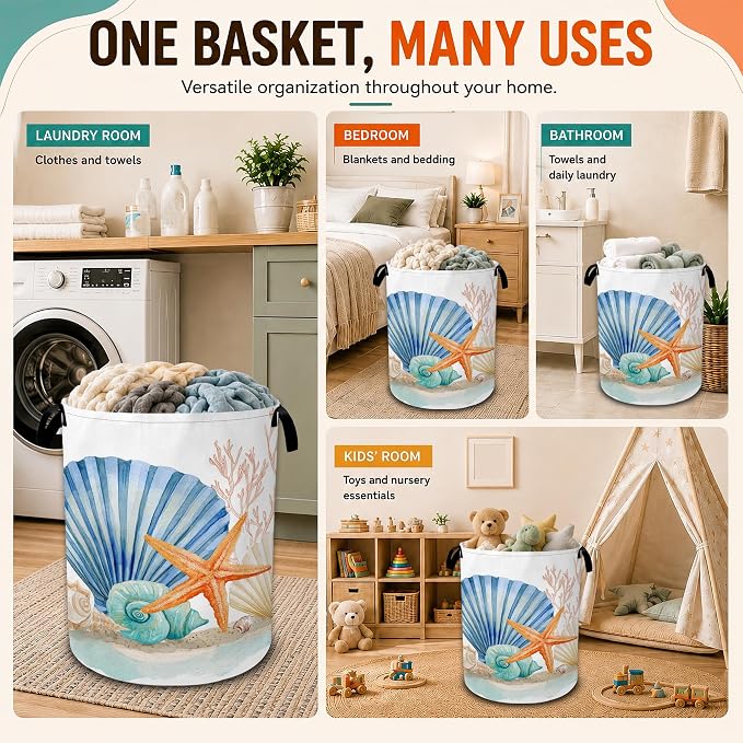 Starfish Laundry Basket,Coral Seashells Large Collapsible Portable Round Laundry Hamper with Handles,Oxford Storage Bin for Clothes,Blankets,Bedroom,Bathroom