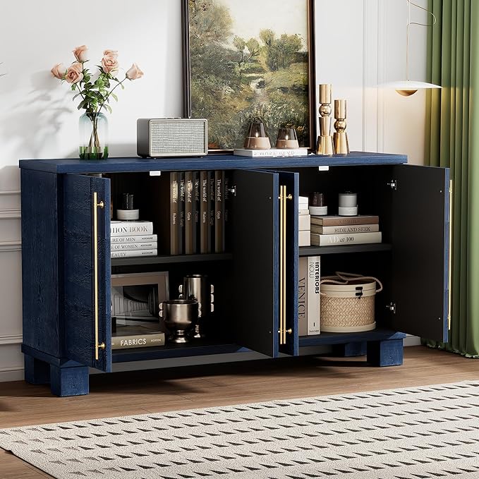 Amposei Modern Sideboard Cabinet 60-Inch Wood Console Storage Cabinet Credenza Dining Buffet Table with 4 Doors and Adjustable Shelves for Living Room Entryway, Navy Blue