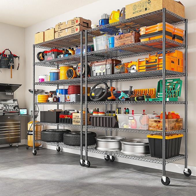 Romorgniz 82" H X45 W X18 D Storage Shelves with Wheels, 6 Tier Wire Shelving Adjustable Metal Shelving Pantry Shelves Capacity 1200LBS for Garage, Pantry, Kitchen, Closet, Black,2P
