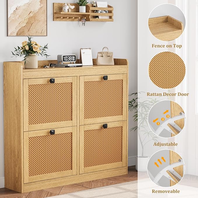 Garvee Shoe Storage Cabinet with 4 Deep Flip Drawers, Wood Shoe Cabinet with Rattan Doors and Adjustable Shelves- Freestanding Shoe Organizer for Entryway, Hallway (Oak, 4 Drawers- 2PCS)