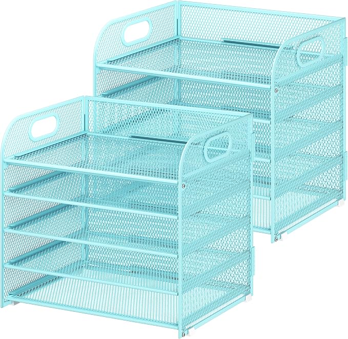 Cawukege 2 Pack 5 Tier Paper Organizer, Letter Tray with Handle, Mesh Desk Organizer, Metal File Organizer, Office Desk Accessories for Home, Office, Classroom, School -Blue